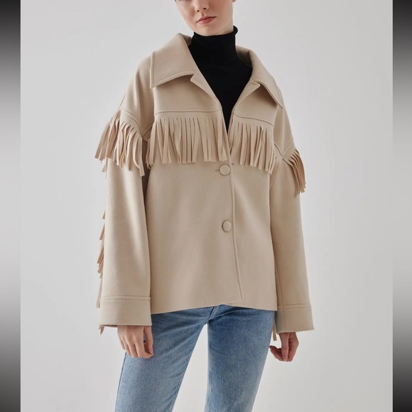 76 Fringe Detail Oversized Beige Bouclé Jacket - Picture 2 of 3